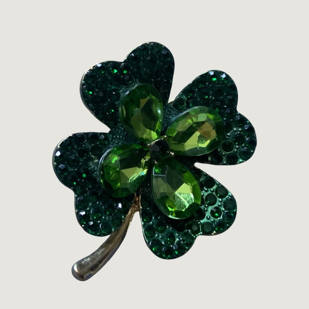 Green Rhinestone Four Leaf Clover Brooch St Patricks Day Lucky Shamrock Pin